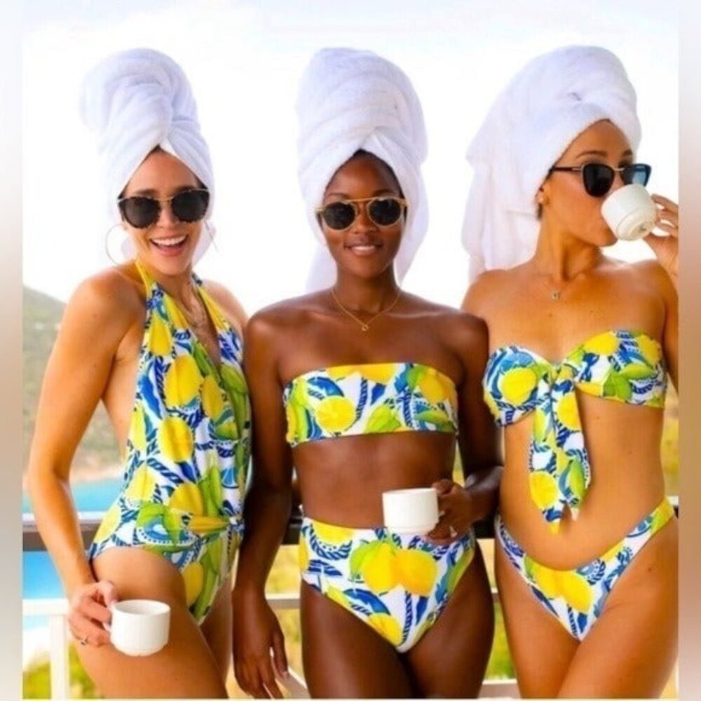 NEW! Kenny Flowers The Positano Bandeau Bikini Top Lemon Print SZ S, M